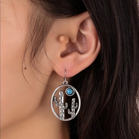 Turquoise and Silver Cactus Earrings - Picture 2 of 4